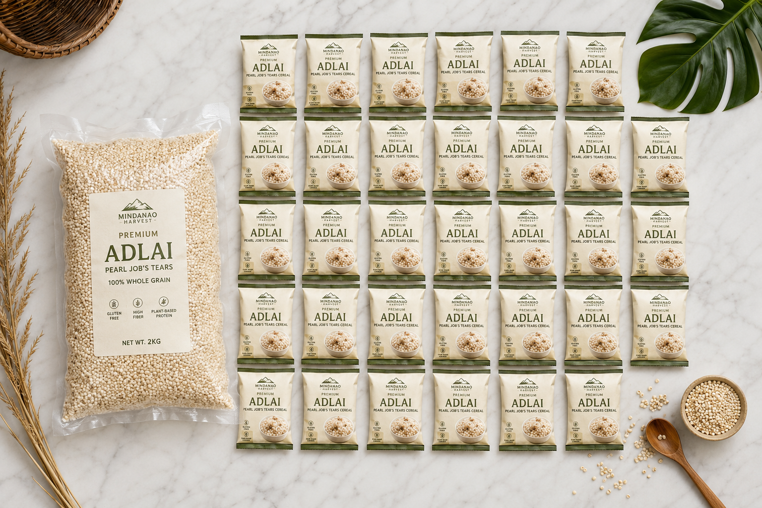 Adlai monthly package flat lay — cereal packs and milled grain